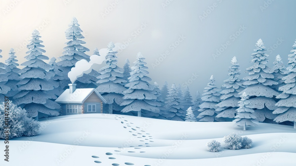 Fototapeta premium Snowy cabin nestled in a peaceful tranquil winter landscape with a path leading through the snow covered trees A serene and cozy rural scene with a sense of isolation and solitude