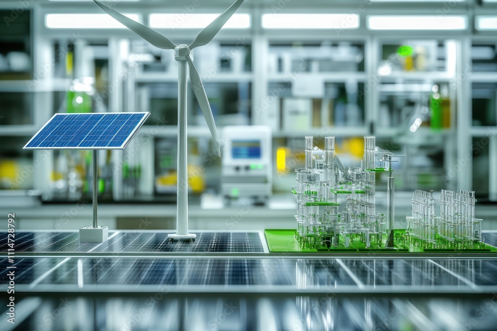 Renewable energy lab with solar panels and wind turbine models under testing, green and innovative, Renewable energy lab with solar panels and wind turbine models under testing, green and innovative,