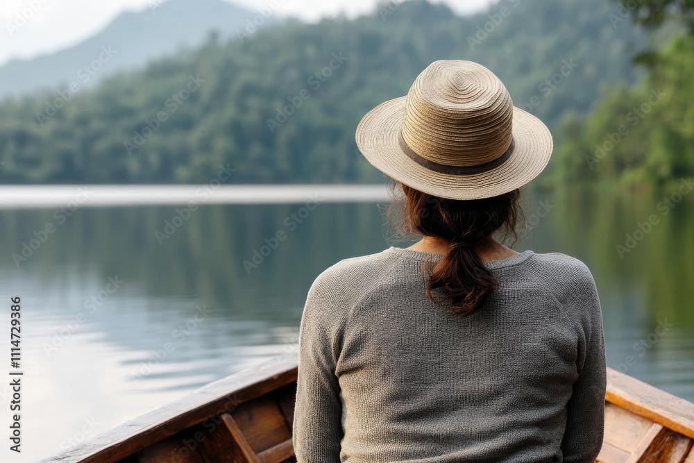 A serene scene shows a woman wearing a hat as she relaxes on a boat, gazing at the tranquil waters of a lake surrounded by lush greenery and mountains. A serene scene shows a woman wearing a hat as she relaxes on a boat, gazing at the tranquil waters of a lake surrounded by lush greenery and mountains.