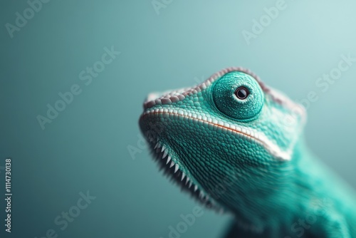 A vivid green chameleon is the focal point against a soft, blurred background, showcasing its textured skin and focused eye, symbolizing adaptability and nature. photo