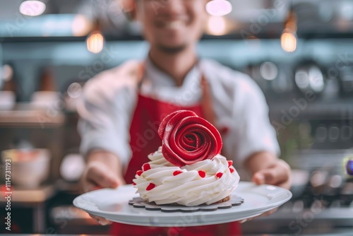 Dessert in the shape of a red rose on a white plate, served by a chef in a red apron photo