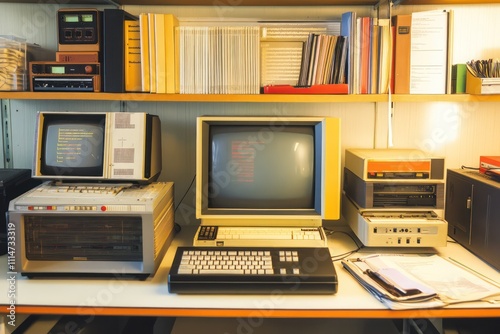 Vintage computing lab with restored classic computers and original programming manuals, retro and precise, photo