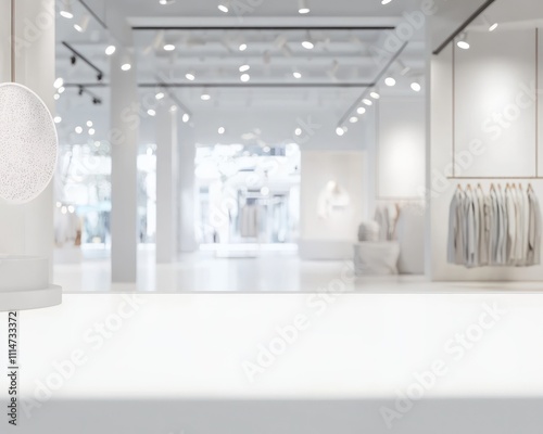 Light clothes shop interior, featuring a white, minimalistic design and blurred background for retail visual