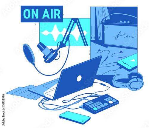 Podcast recording studio with equipment