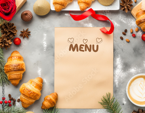 Festive menu template surrounded by pastries and decorations perfect for a holiday gathering or celebration. empty dessert menu card for Valentine\'s day or the new year photo