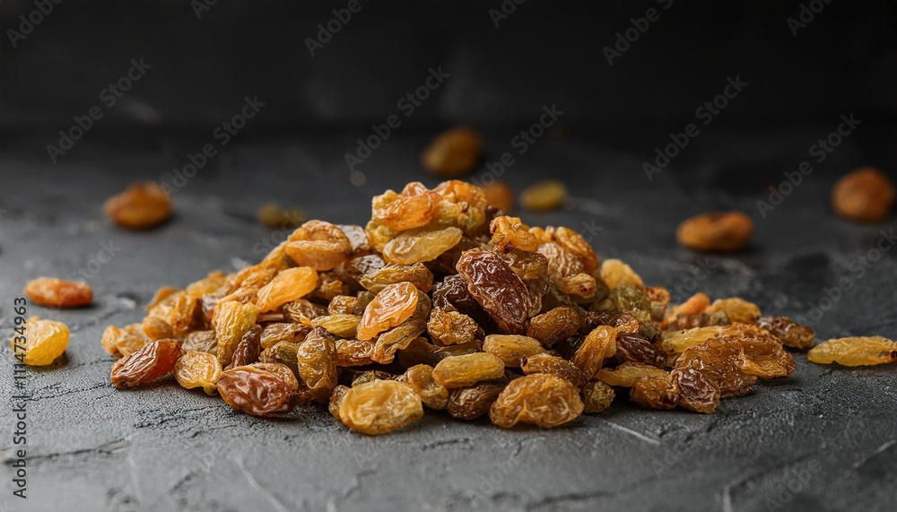 Obraz premium Heap of dried raisins on dark backdrop. Dried grapes, sweet and chewy. Organic snack. Tasty food.