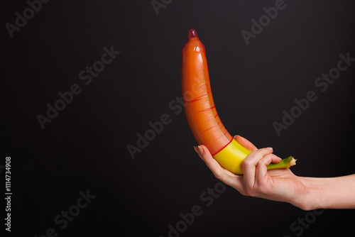 фотографія female hand holding banana with condom on dark background, concept of contracept