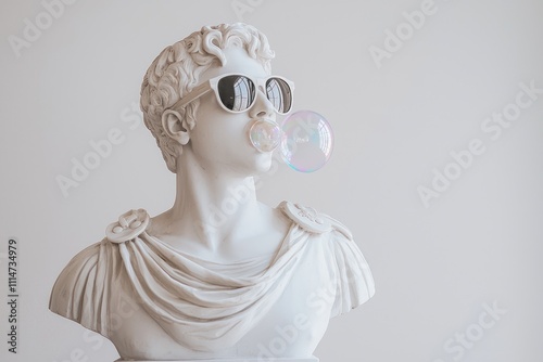 Modern Roman statue wearing sunglasses blowing bubble gum on a white minimalist background
