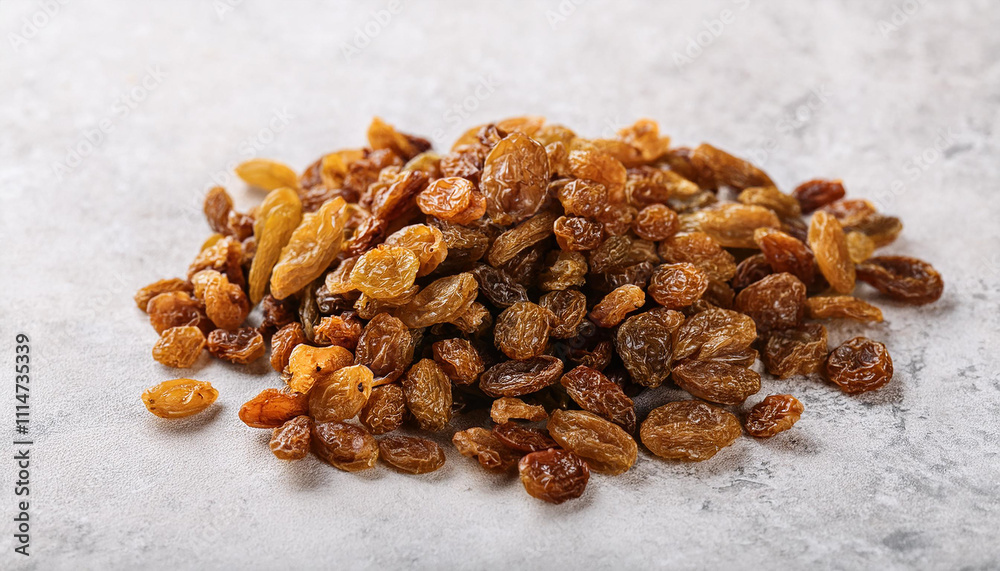 Obraz premium Heap of dried raisins on light backdrop. Dried grapes, sweet and chewy. Organic snack. Tasty food.