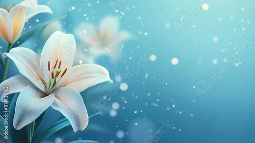  Close-up image of white flowers against blue backdrop, featuring water droplets on flower petals