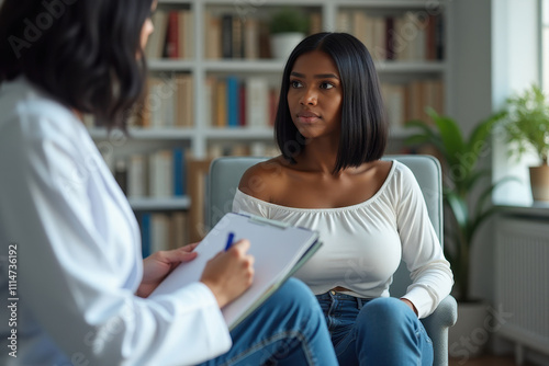 dark-skinned young woman in a shoulder-length white blouse at an appointment with a psychologist