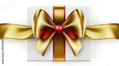 Gift Box wrapped with a Gold Christmas bow and ribbon, Holiday Present Birthday Gift Valentine's Day gift