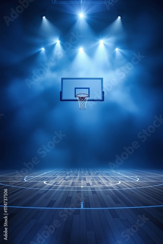 Illuminated Basketball Court with Hoop and Blue Lighting Effects