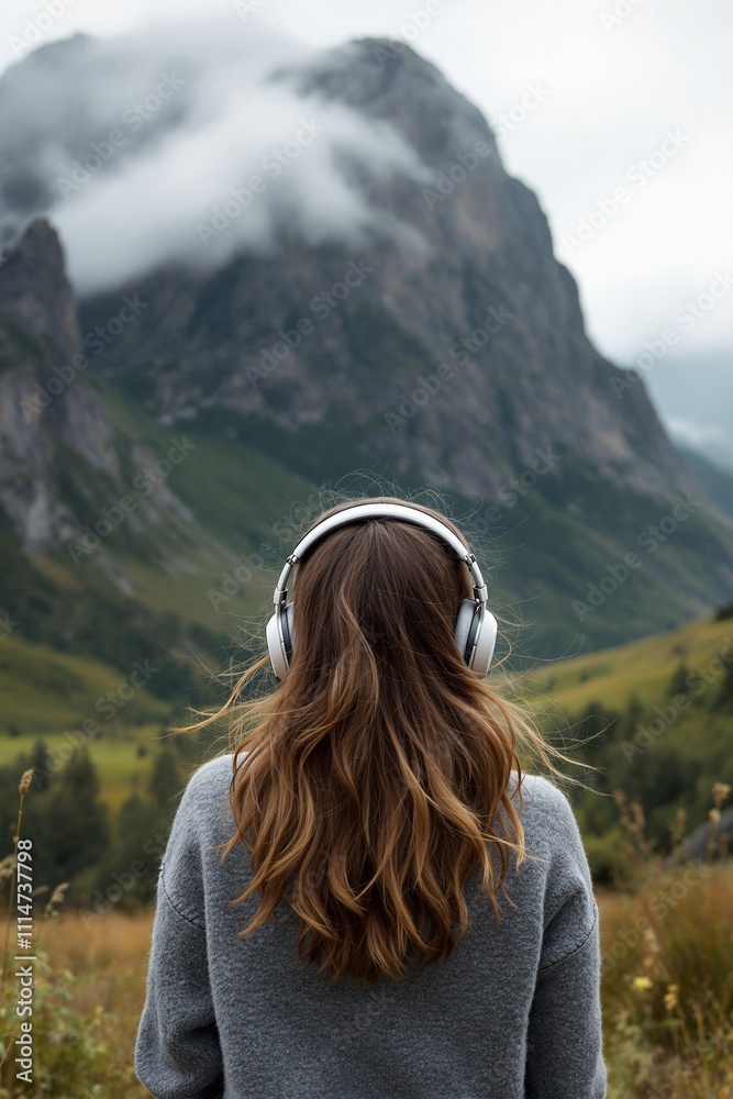 Naklejka premium Young Woman Enjoying Music in Serene Mountain Landscape with Dramatic Clouds