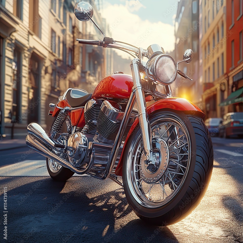 Fototapeta premium Red motorcycle parked city street sunset.