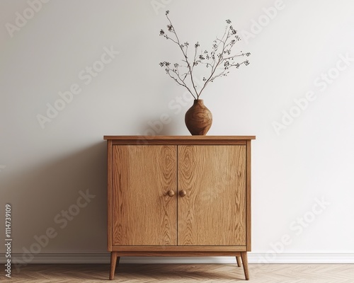 Stylish wooden cabinet against a white wall, showcasing minimal home decor