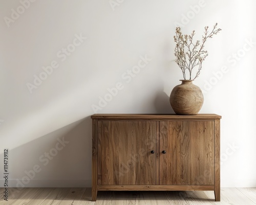 Stylish wooden cabinet against a white wall, showcasing minimal home decor