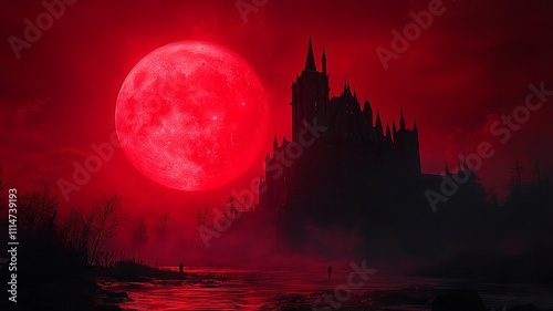 Mysterious castle under a red moon glowing in the night