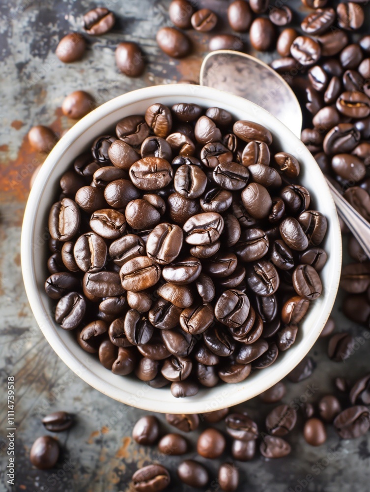 Fototapeta premium A bowl of coffee beans with a spoon on top