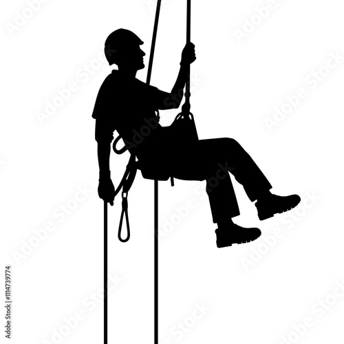 Rope access technician working at height, silhouette illustration