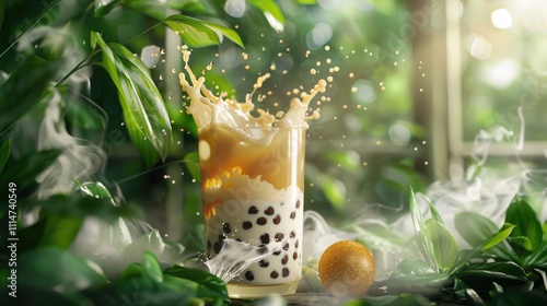 Refreshing Boba Tea Splash in a Lush Green Setting photo