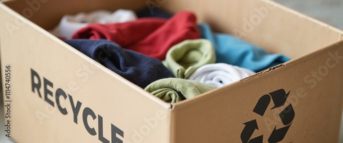 Colorful Clothing in Recycling Box with Eco-Friendly Message for Sustainable Fashion photo