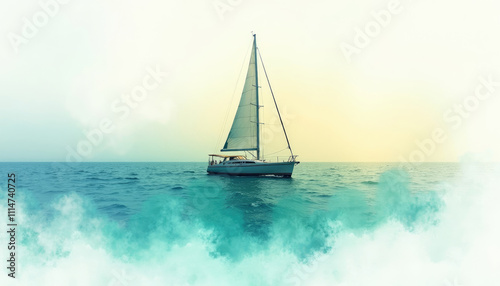 A sailboat glides serenely across a calm  turquoise ocean under a soft  pale sky. photo