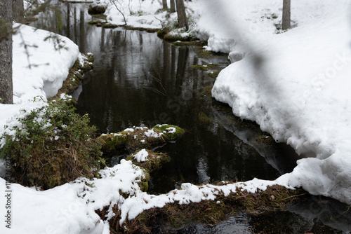 Melting Snow on Pieni Karhunkierros Trail River, in Finland, traveling in winter photo