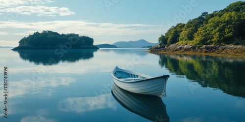 A serene image of a small wooden boat floating gently on calm waters. Lush green islands reflect beautifully in the still surface. Perfect for nature lovers and tranquil settings. AI photo