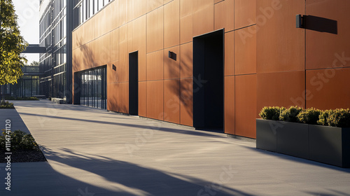 Empty sidewalk of modern business district shows big windows and brown color wall during a clear day where sun shining throught
