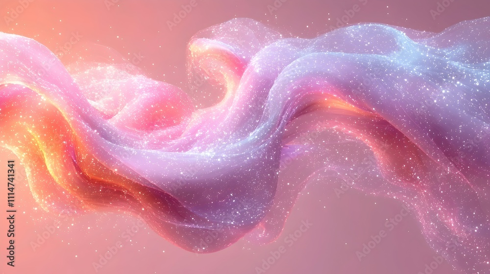 Obraz premium A beautiful abstract flow of pastel colors, blending pink, lavender, and soft orange hues. The ethereal texture sparkles with a cosmic quality, creating a dreamy atmosphere.