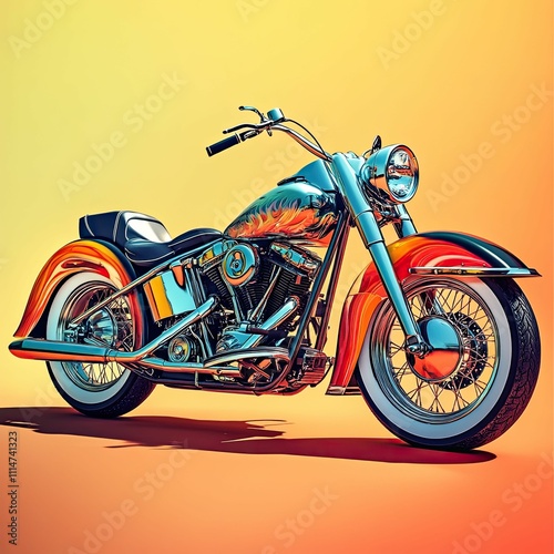 Chrome motorcycle, flame paint job, orange background. photo