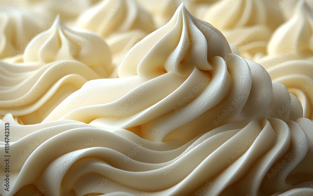 Obraz premium Close-up of creamy whipped frosting with perfectly shaped peaks, showcasing a rich, smooth texture and a light beige color that adds elegance to any dessert.