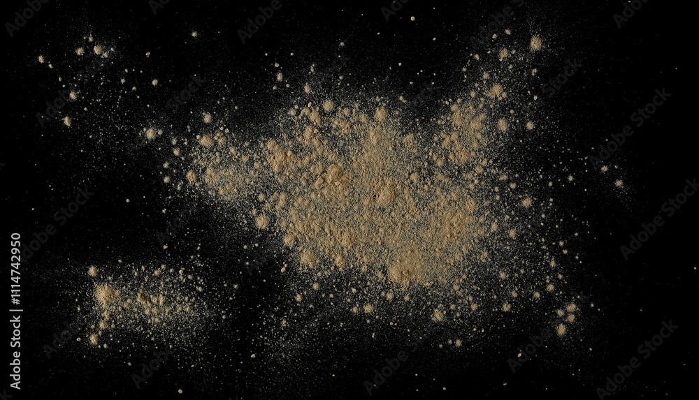 Fototapeta premium Black maca organic powder scattered isolated, top view