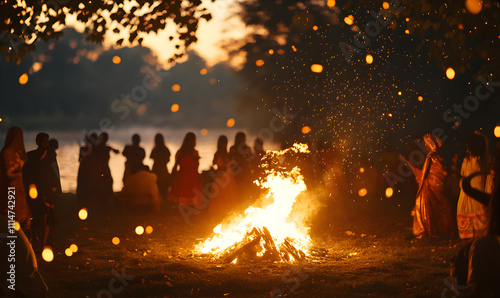 People dancing around a Bonfire wearing traditional clothes. festival of lohri or Holi or Holika Dahan celebration concept.	 photo
