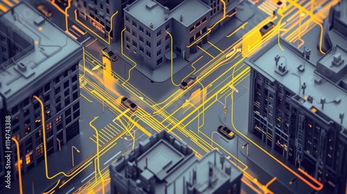 Transportation route interruptions illustration in gray and yellow with data visualization and neural network theme