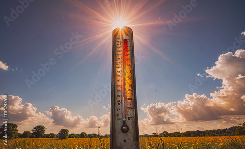 Thermometer is in the sun and the temperature is high. The thermometer is showing a temperature of 100 degrees