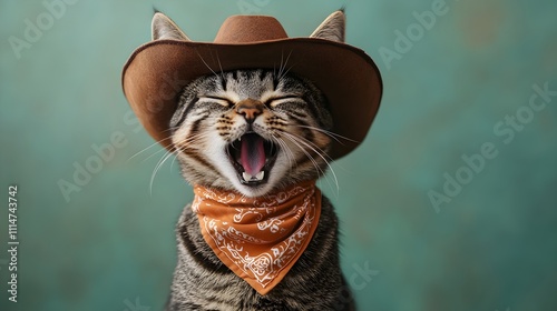 Cat wearing a cowboy hat and bandana, yawning against a muted green background This playful concept captures the quirky charm of pets in costume Perfect for creative projects


