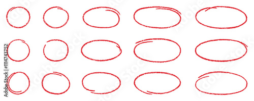 Crayon circle highlight, freehand ovals doodle. Chalk pencil ellipse frames, round shapes in sketch style. Hand drawn vector illustration isolated on white background