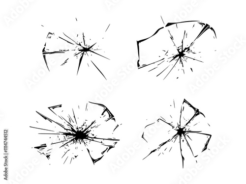 Broken glass holes with jagged edges and detailed shards. Bullet hole in shattered glass. Glass surface broken into fragmented sections with cracks. Design for warning visuals. Vector set.
