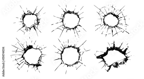 Holes in broken glass with jagged edges and shards. Bullet hole in broken glass with cracks. Glass surface shattered. Design for games, digital effects or warning visuals. Vector set.