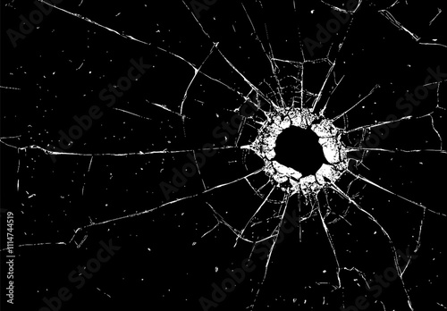 Bullet hole in broken glass with cracks spreading outwards on black background. Shattered glass with hole and jagged cracks. Glass surface broken. Design for games or visual effects. Vector  image..
