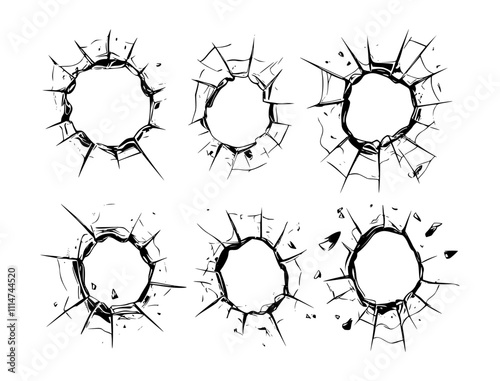 Bullet hole in broken glass with cracks. Holes in broken glass with jagged edges and shards. Glass surface shattered. Design for games, digital effects or warning visuals. Vector set.
