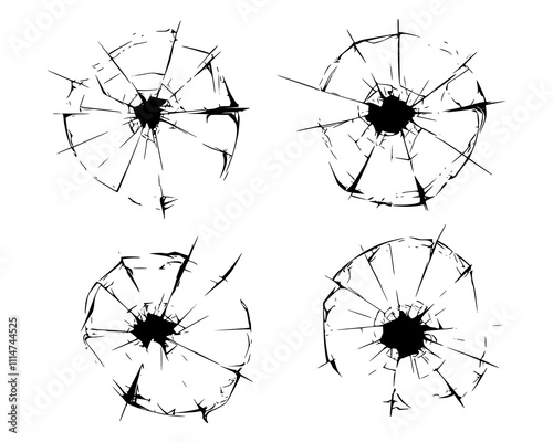 Bullet hole in broken glass. Holes in broken glass with jagged edges and detailed shards. Glass surfaces broken on fragmented sections with jagged cracks. Design for visual effects. Vector set.