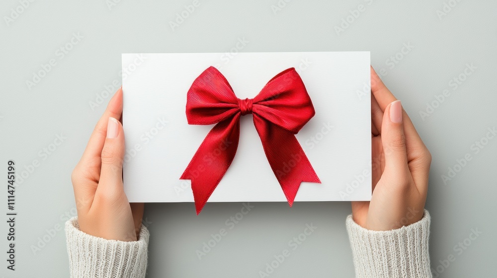 Obraz premium Elegant Gift Presentation with Red Bow on a Simple Background