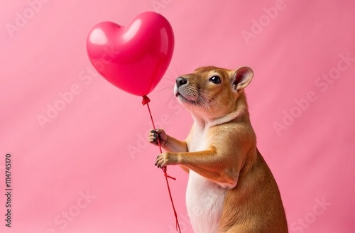 Cute groundhog holding a pink heart-shaped balloon. Chubby funny rodent congratulates on Valentine's Day. Greeting postcard, invitation to party, funny poster, advertising banner. Pink background photo