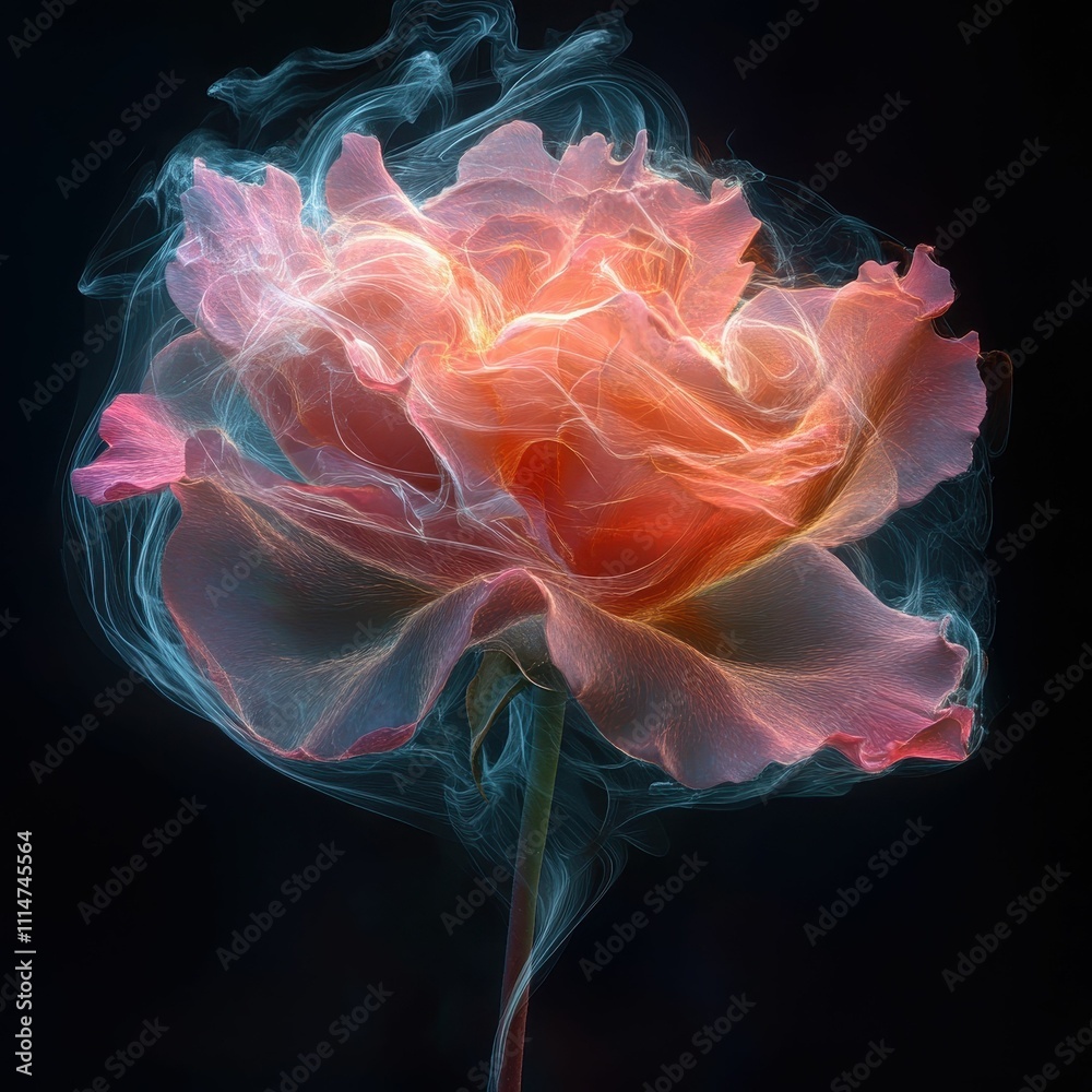 Fototapeta premium Glowing rose, smoke-like, dark background.