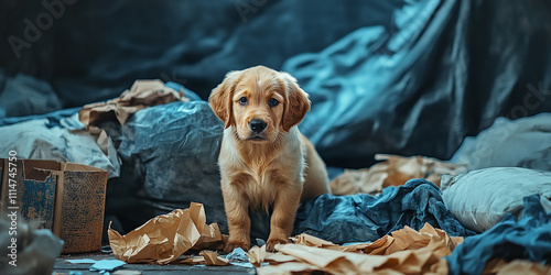 A mischievous retriever puppy sits guiltily in a messy living room after tearing up toys, pillows, and paper, leaving chaos and laughter in its wake. photo