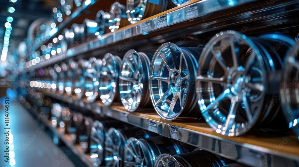 Fototapeta premium Rows of shiny alloy wheels on shelves in a store.