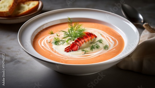 A creamy lobster bisque served in a white bowl with a swirl of cream and a sprig of dill photo